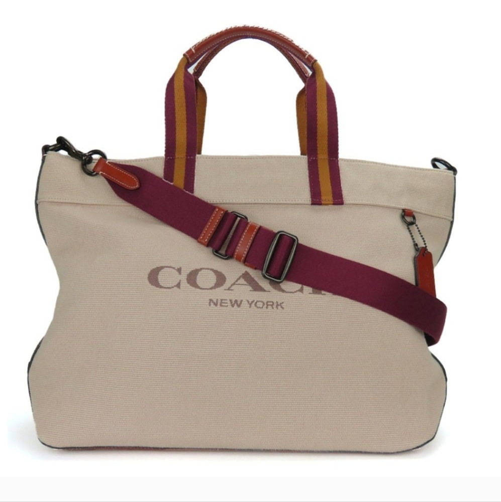 COACH Canvas and Leather Dark Beige Large Tote Bag with Burgundy Shoulder Strap - Picture 11 of 11